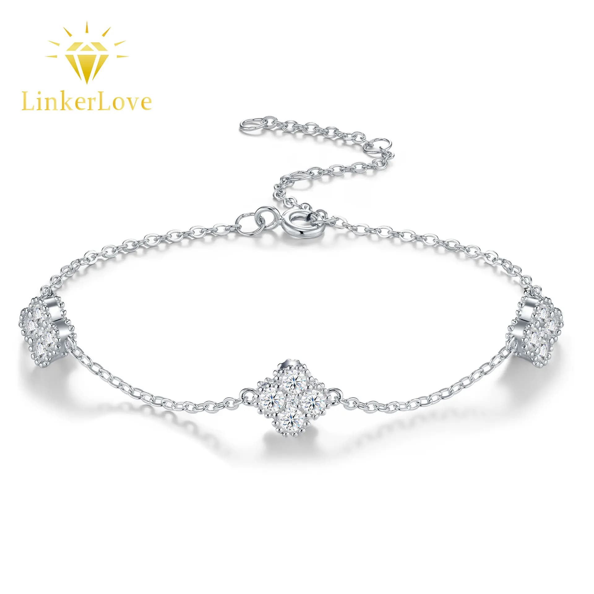 LinkerLove 925 Silver Four-Leaf Clover Moissanite Bracelet White Gold Plated Diamond Bangle for Women Wedding Party Fine Jewelry