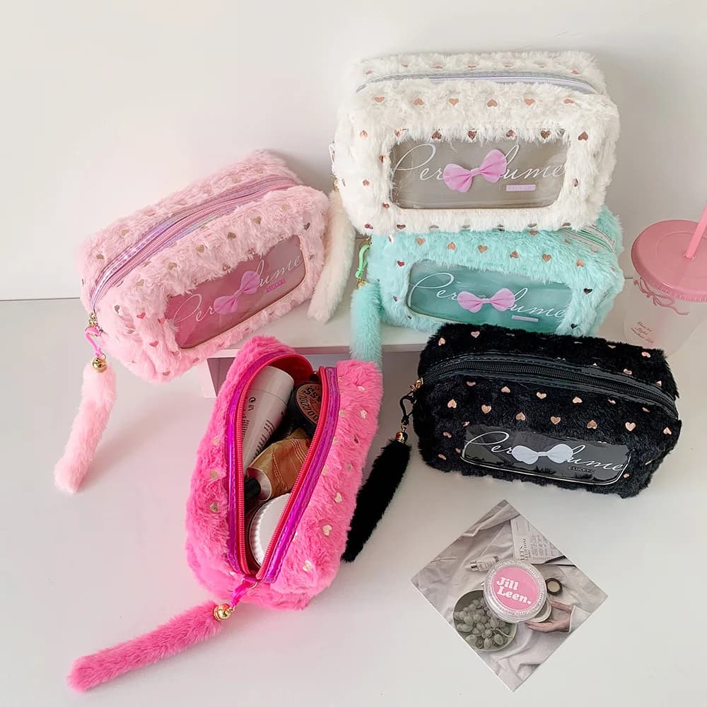 Graziosa Borsa per il Trucco con Fiocco, Porta Pennelli da Trucco di Grande Capacità, Astuccio per Ragazze, Custodia per Cancelleria per Scuola e Ufficio