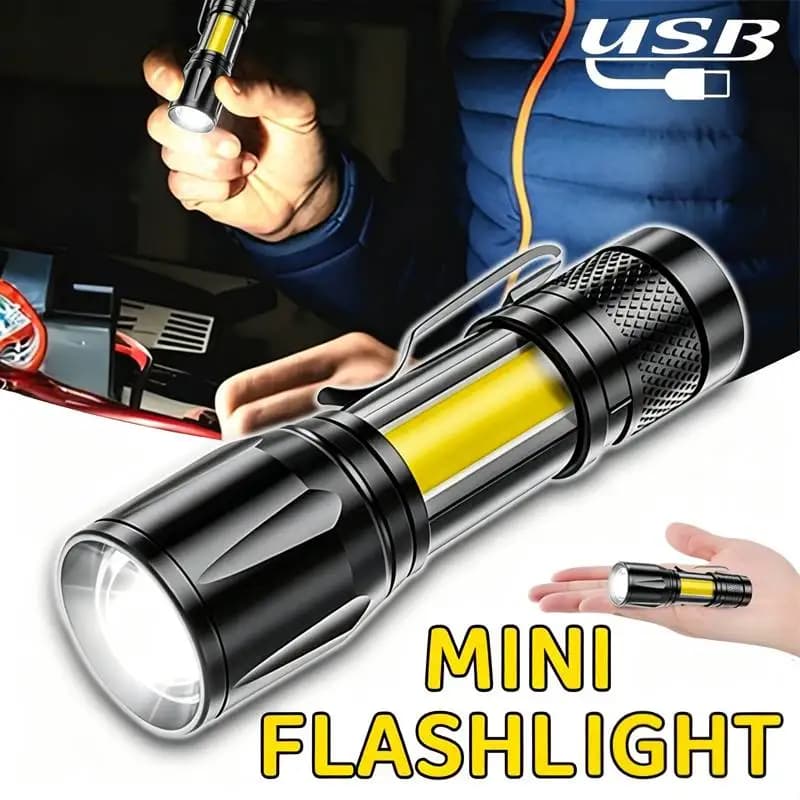 Mini LED Flashlight COB Floodlight Portable Work Torch USB Rechargeable Lantern Zoomable Outdoor Camping Light with Pen Clip