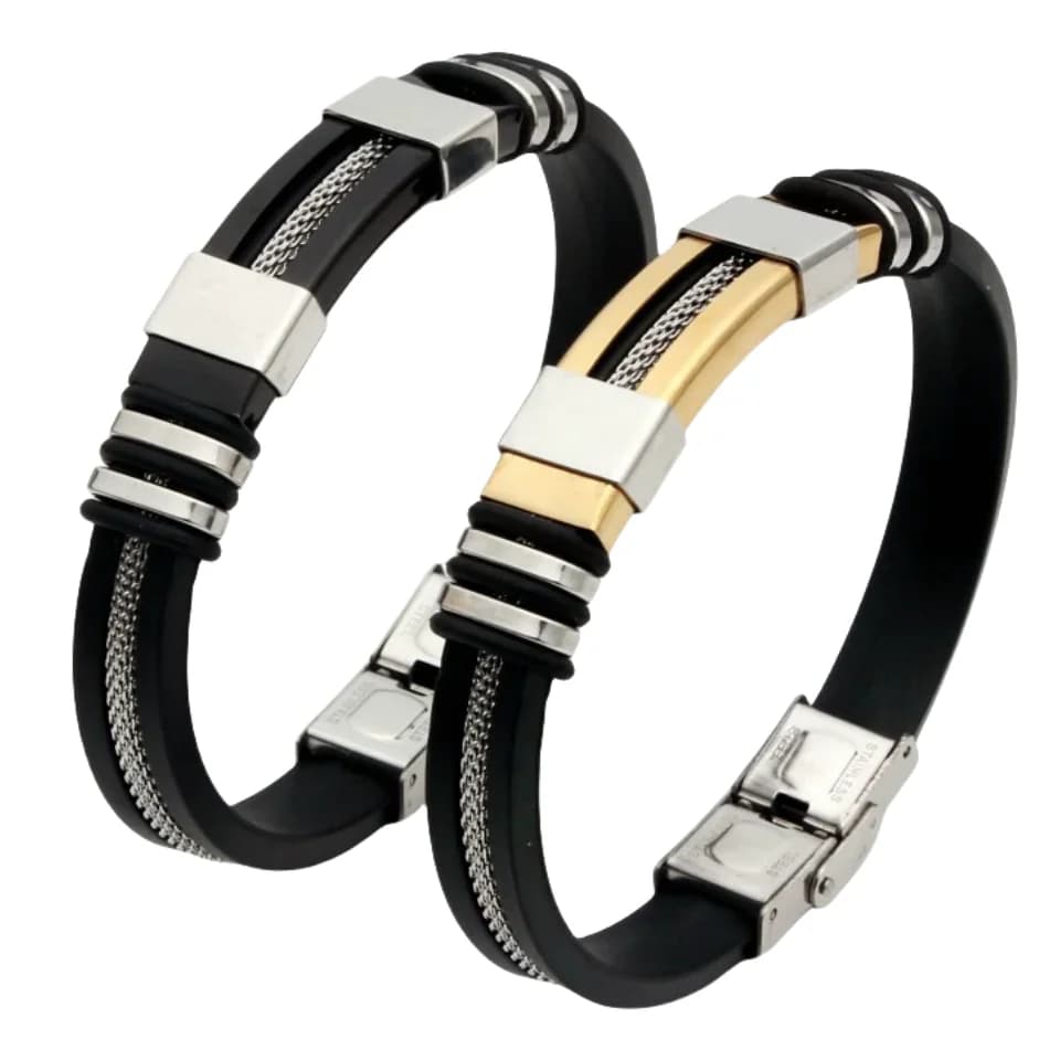 Bracciale HNSP in acciaio inossidabile, silicone e pelle per uomo, catena a filo, gioielli punk, accessori, regalo per uomo