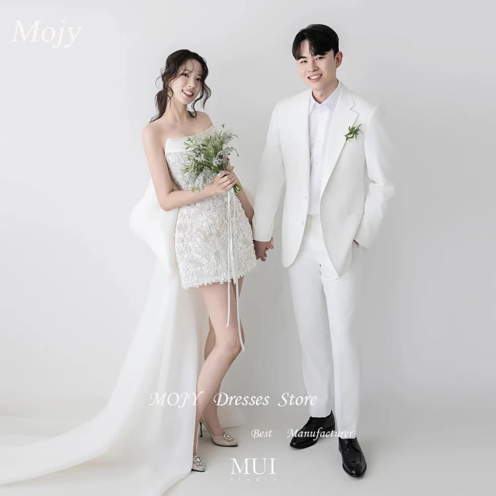 Mojy 2025 Abiti da sposa corti a-line senza spalline in pizzo floreale Abiti da sposa estivi da spiaggia Garona Abito da sposa coreano Servizio fotografico