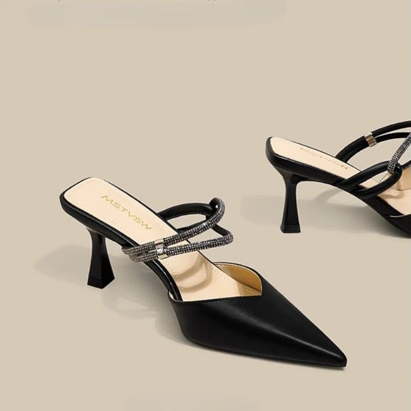 2026 Summer Sexy Pointed Toe Women's Sandals Luxurious Rhinestone Designer High Heels Elegant Slip-on Women's Closed-Toe Mules
