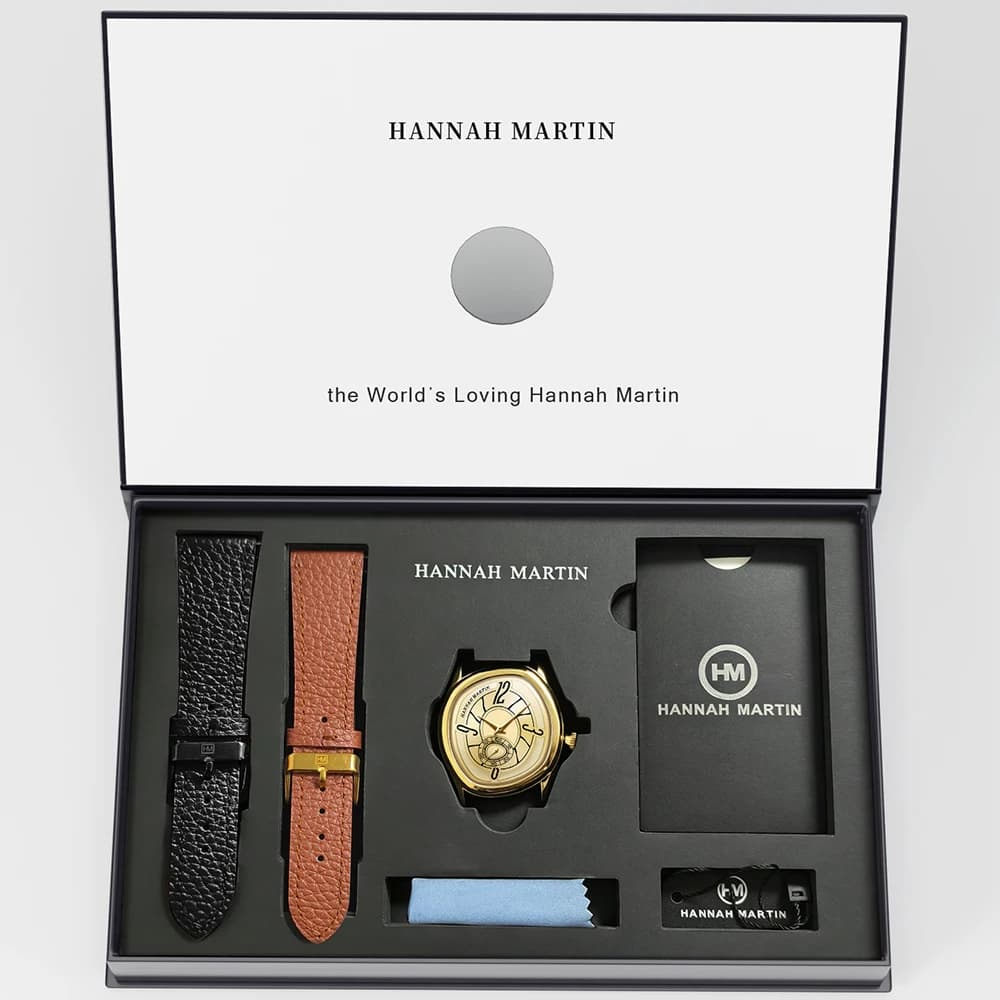 HANNAH MARTIN High-end Man Watch Creative Leather Atmospheric Noble Gift Box Set Gold Dreamy Geometric Case Watch Men Clock