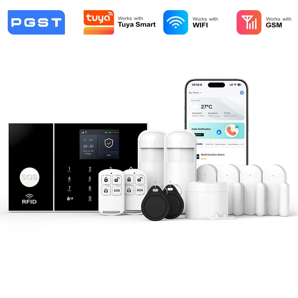 PGST kit sicurezza allarme antifurto WiFi 2G GSM Works with Tuya Smart Life sistema connesso senza fili per casa negozio sorveglianza mobile installazione rapida protezione continua