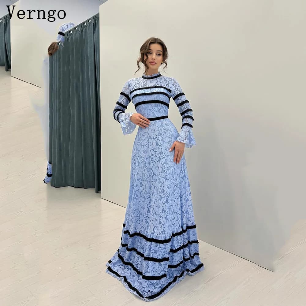 Verngo Abito da sera in pizzo blu Modesto o collo maniche lunghe A Line Abito da cerimonia formale Abiti da ballo semplici da donna personalizzati