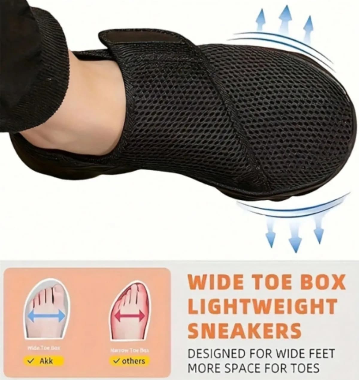 New Men Breathable Mesh Walking Shoes Adjustable Velcro Wide Toe Box Soft Sole Non-Slip Lightweight Casual Sneakers