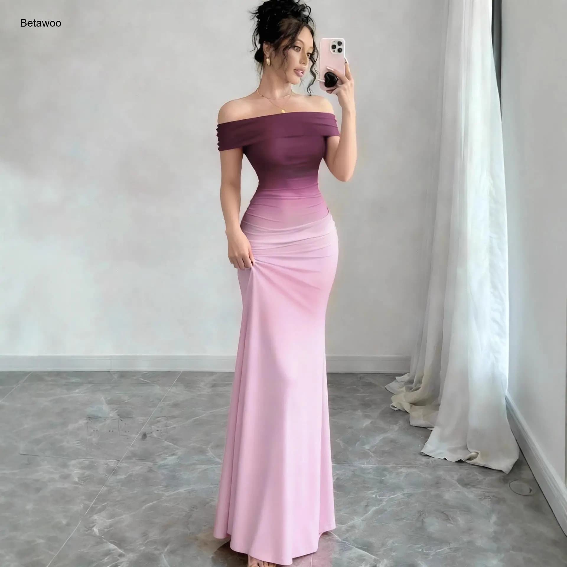 Women's Off Shoulder Ombre Maxi Dress Elegant Gradient Long Gown Formal Evening Party Dress Chic Fashion Bodycon Outfit