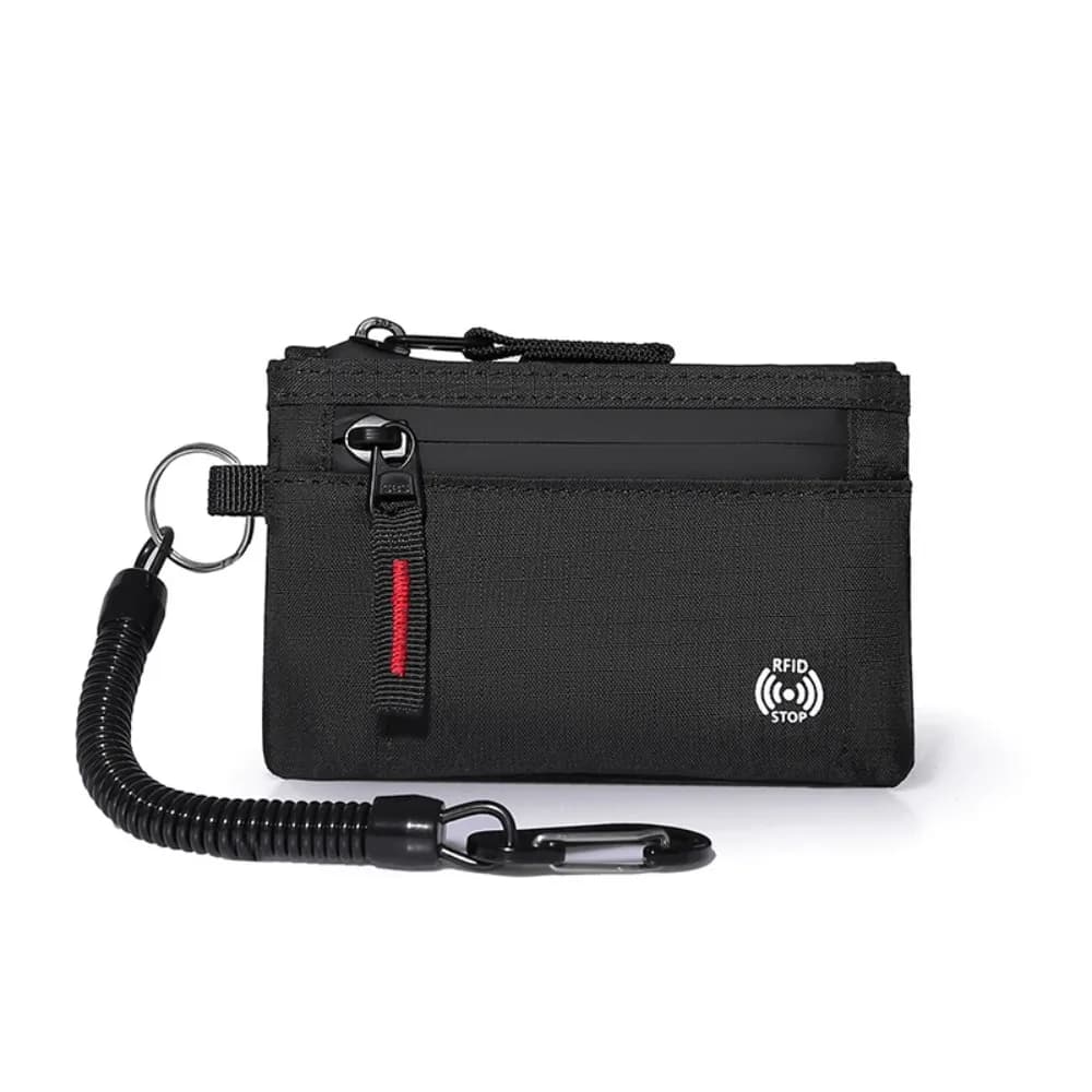 Portafoglio da uomo multifunzione Cerniera antifurto Porta carte di credito RFID Portachiavi con moschettone Portamonete in nylon Accessori da viaggio