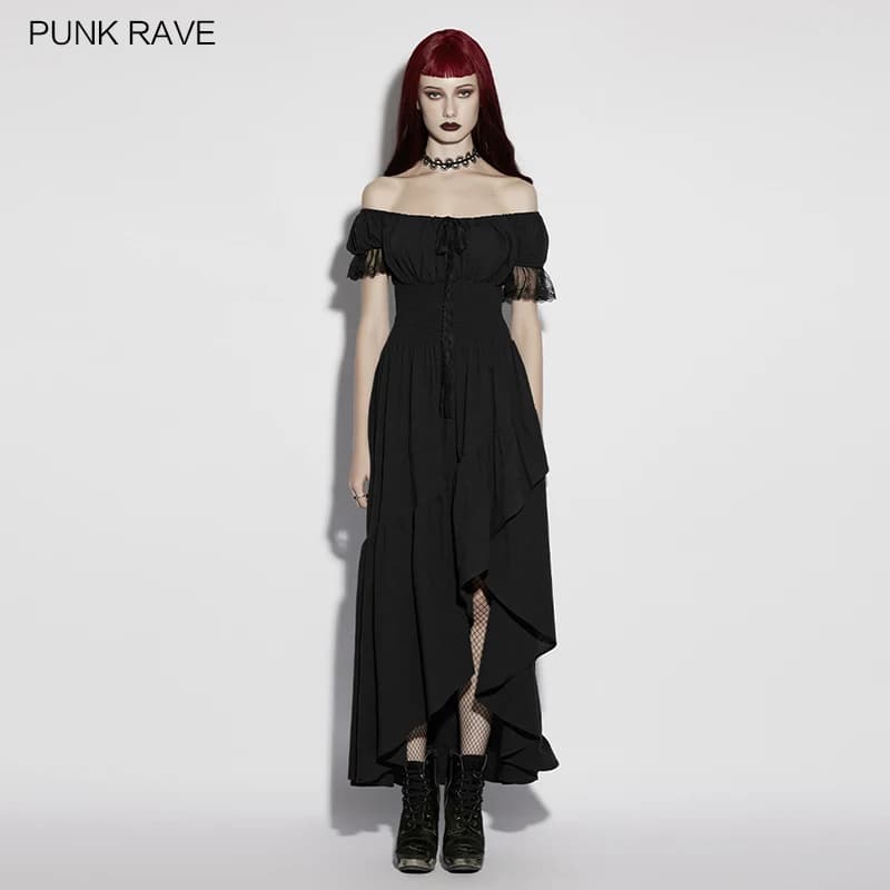 PUNK RAVE Abito lungo da donna gotico in cotone scuro con motivo jacquard, colletto in pizzo plissettato e orlo asimmetrico, perfetto per feste