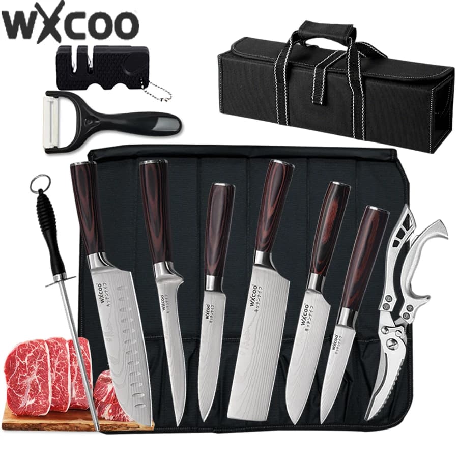 WXCOO Set of Japanese Knives Mask Laser Knives Fish fillet Meat mannaia Pelapatate Taglierina Santoku with knife bag