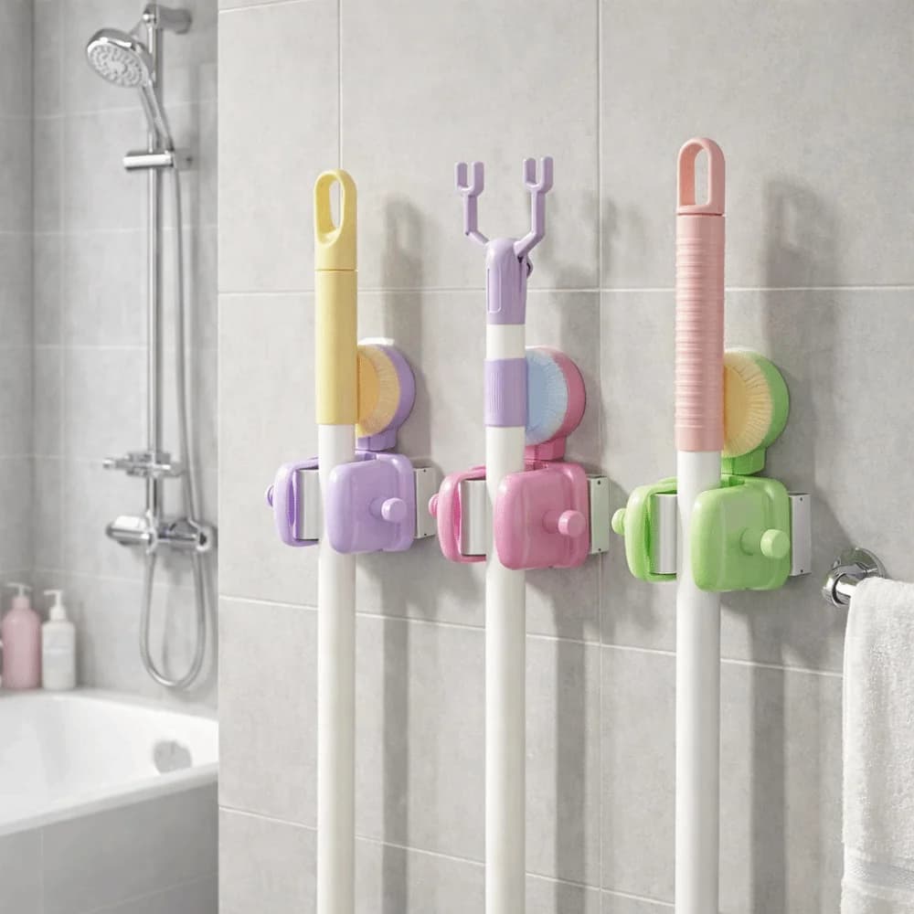 Supporto Pratico per Scopa e Mop con Ventosa, Senza Foratura, Salvaspazio, da Parete con Gancio, per Bagno