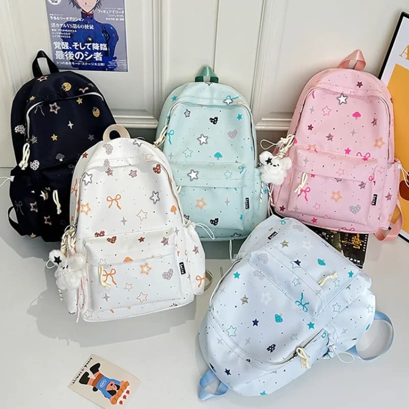 Cute Star & Heart Printed Backpack, Fresh Casual Large Capacity Student School Bag, Lightweight Nylon Travel Rucksack