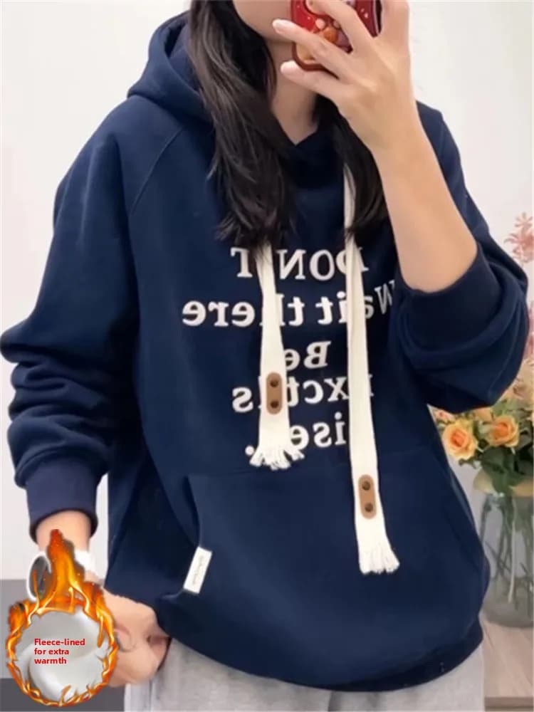 Warmth Polar Fleece Hoodie Women's Autumn Winter New Korean Style Casual Loose Letter Embroidery Thickened Hooded Jacket Trendy