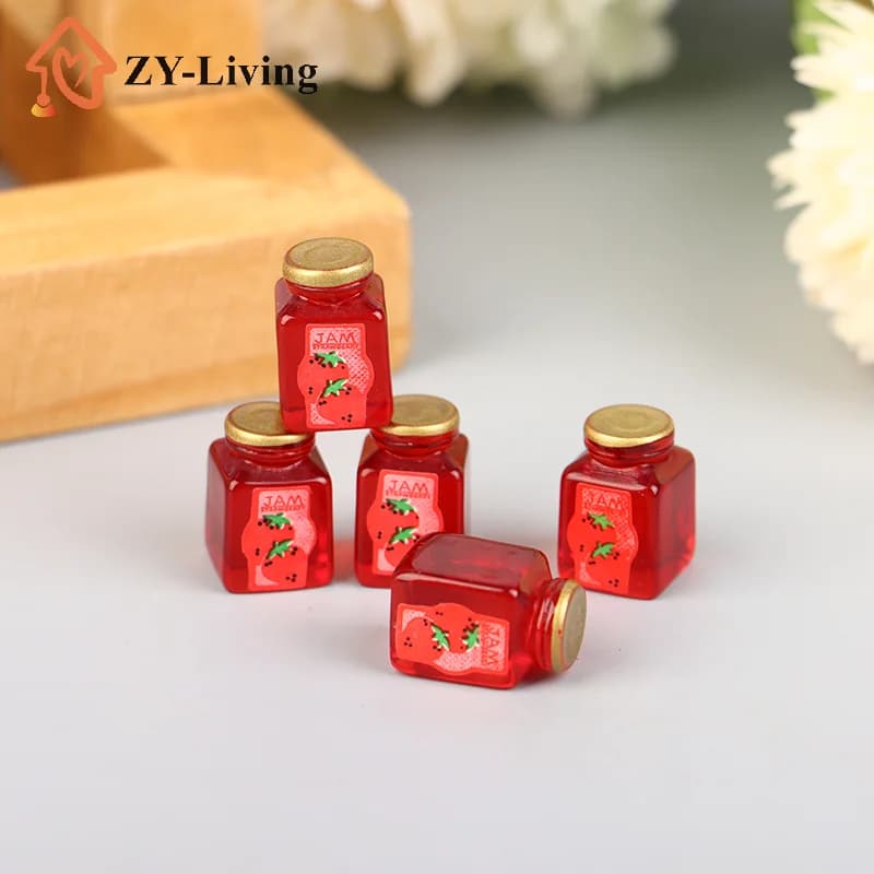 Set di 5 Vasetti di Marmellata di Fragole in Miniatura 1/12 per Casa delle Bambole, Accessori per Cucina e Decorazioni