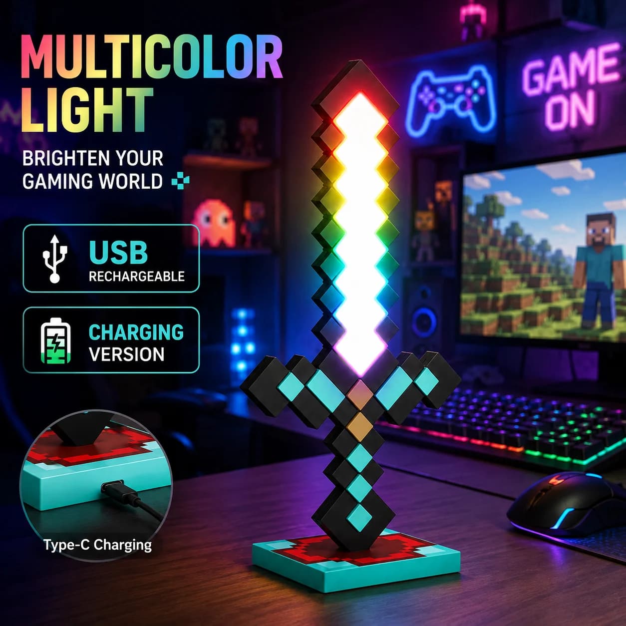 Pixel sword light, LED night light, RGB multi-color lightsaber USB rechargeable/battery version, desk lamp, great gift item