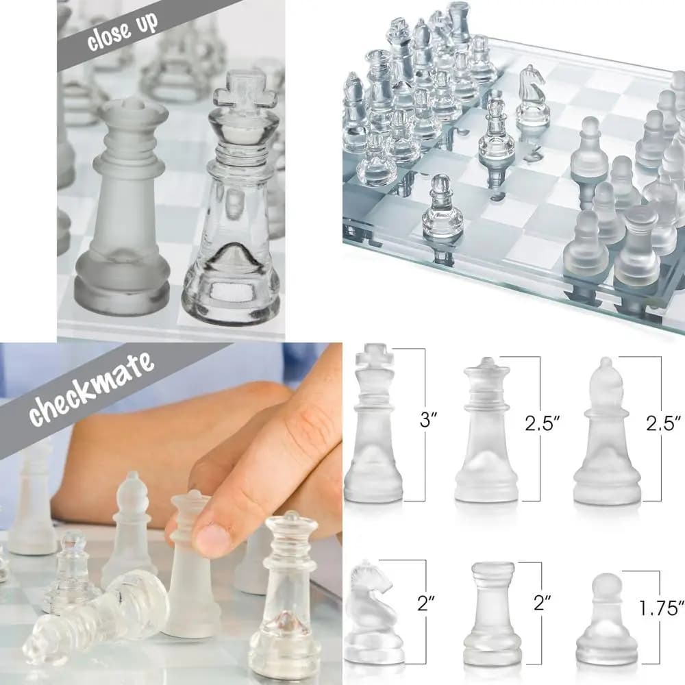 14 Set di scacchi in vetro premium - Elegante e durevole - 32 pezzi satinati e trasparenti - Basi in feltro - Portatile e stabile per gli appassionati