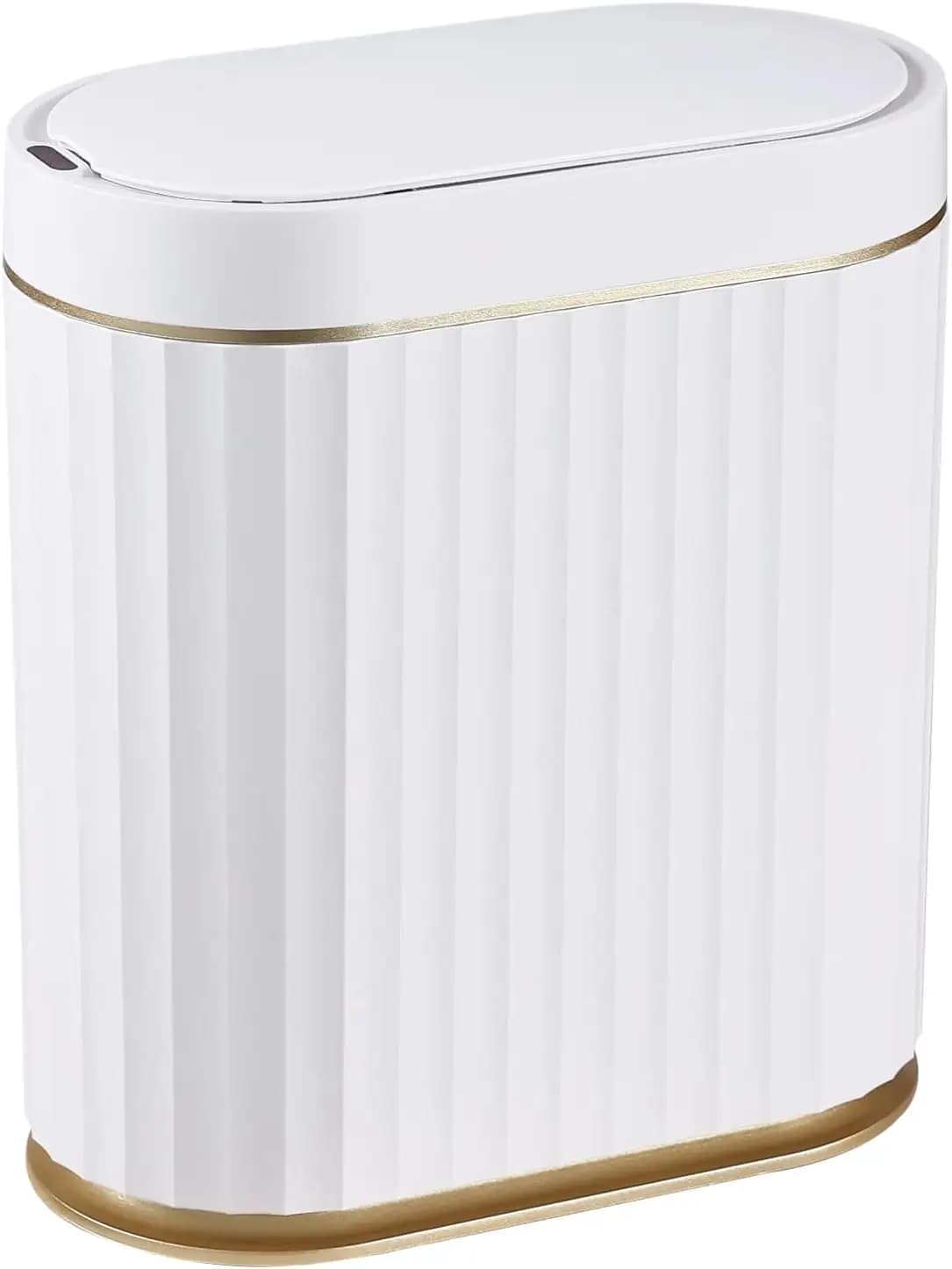 Cestino Automatico con Sensore di Movimento - 2 Galloni, Design Sottile per Bagno, Camera da Letto, Cucina, Ufficio - Bianco con Finiture Dorate