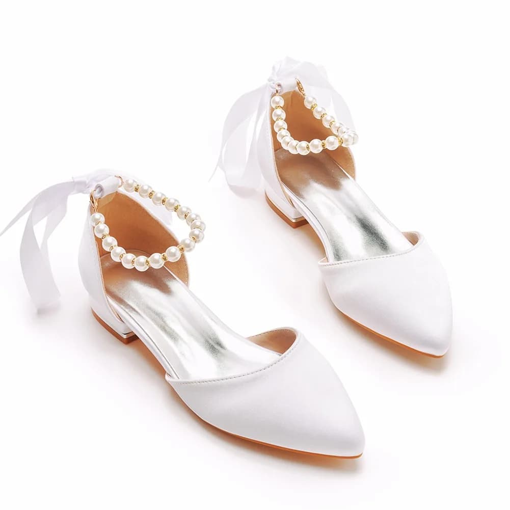 Bridal Shoes Bride Flat Heel Flat Sandals Flat Heels Woman Satin White With Beads Wedding Shoes Sandals
