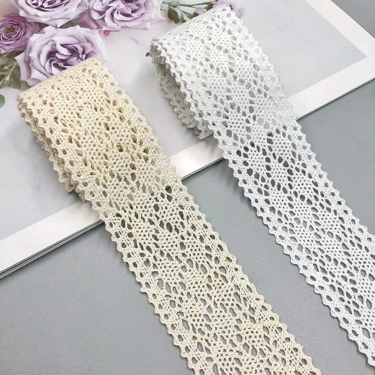 2/5/10 Yards 4cm Crochet Lace Trim White Beige Polyester Ribbon for Wedding Dress Sewing Curtain DIY Crafts