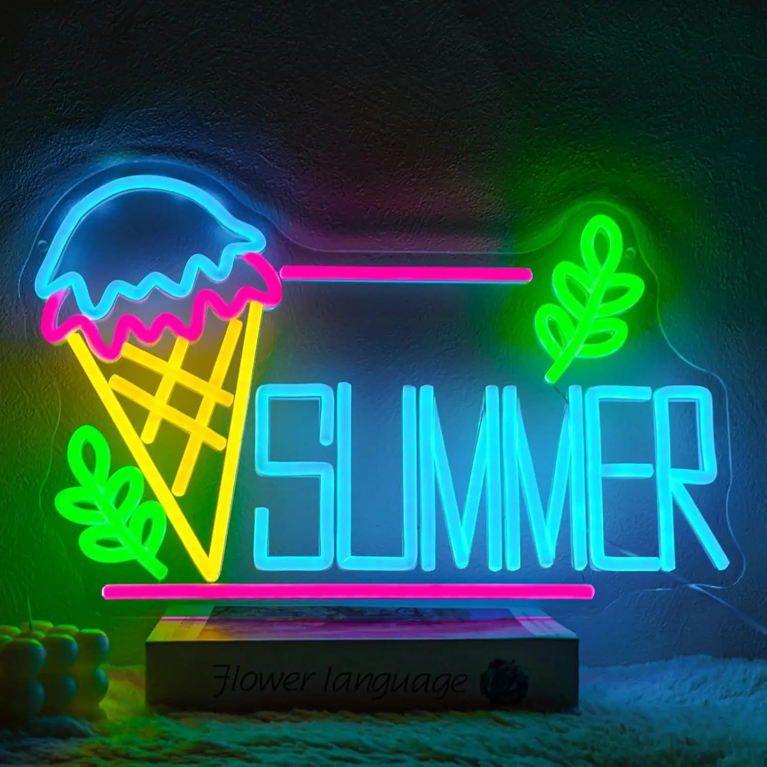 Insegna al Neon Estiva Dimmerabile a Forma di Gelato per Camera da Letto, Soggiorno, Negozio Tropicale, Bar sulla Spiaggia, Decorazione per Feste e Regali