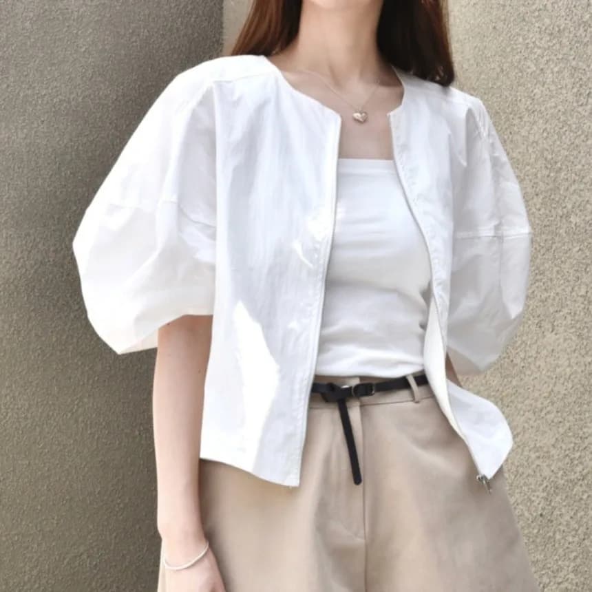 Chic Summer Slim Fit Short Thin Lantern Sleeve Zipper round Neck Loose Women's Jacket Casual Style Polyester Fiber Breathable