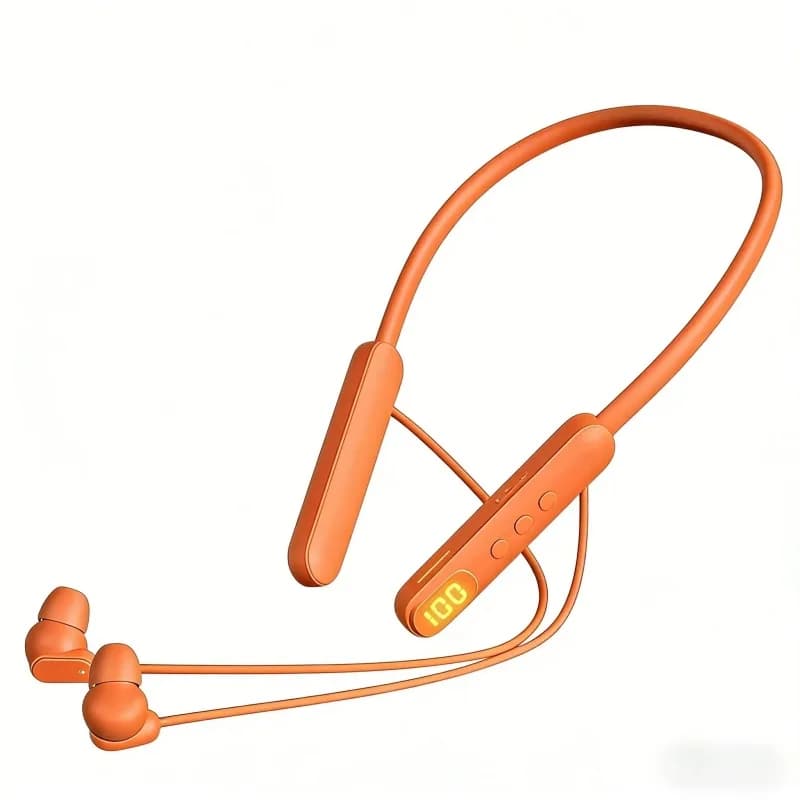 Orange Neckband Bluetooth Earbuds | Digital Battery Display, Comfort In-Ear Headphones for Workout & Daily Use