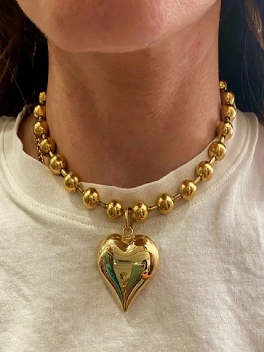 1pc 8mm Stainless Steel Bead Chain Necklace With Big Gold Heart Pendant, Women's Fashionable Jewelry Accessory Valentines,Mom,Mo