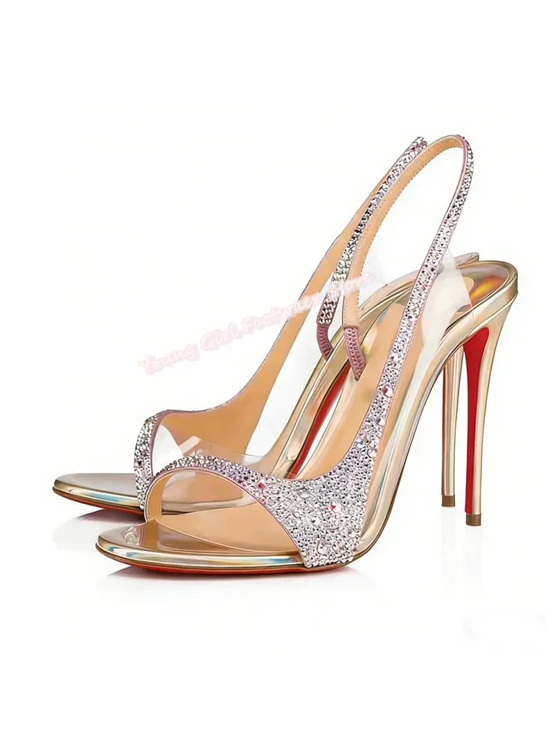 Summer Transparent Rhinestone Decoration Fashionable Women High-Heeled Sandals Round-Headed Toes Pink Luxury Banquet Shoes