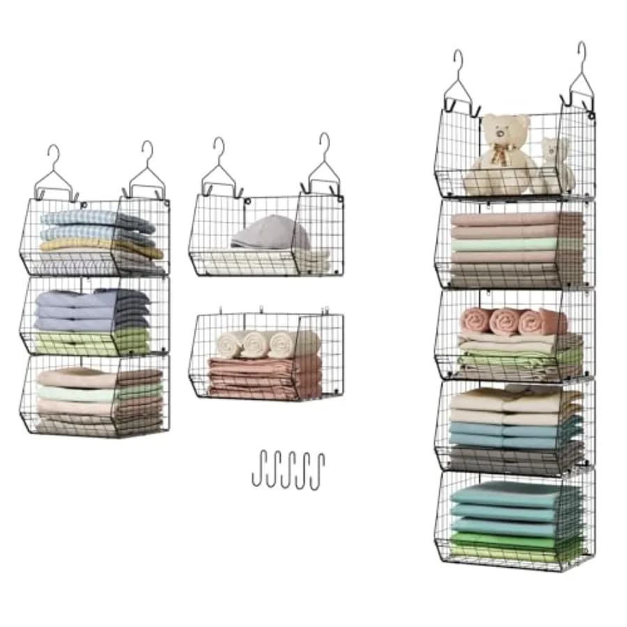 5 Tier Closet Hanging Organizer, Clothes Hanging Shelves with 4 Hanging Hooks 5 S Hooks, Wire Storage Basket Bins, for Clothing