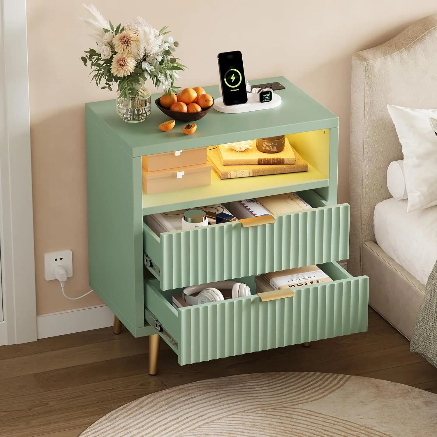 Garvee Nightstand with Charging Station with LED Light 2 Drawer 2 USB-A Ports & AC Outlet Open Storage Shelf, Gold Handle, Fluted Storage Drawers Bedside Table for Bedroom Dorm