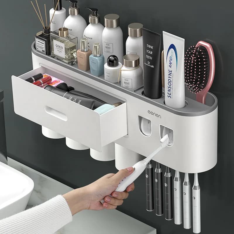 Portaspazzolini e Portabicchieri Senza Foratura con Dispenser di Dentifricio a Pressione per Set Bicchieri per Igiene Orale