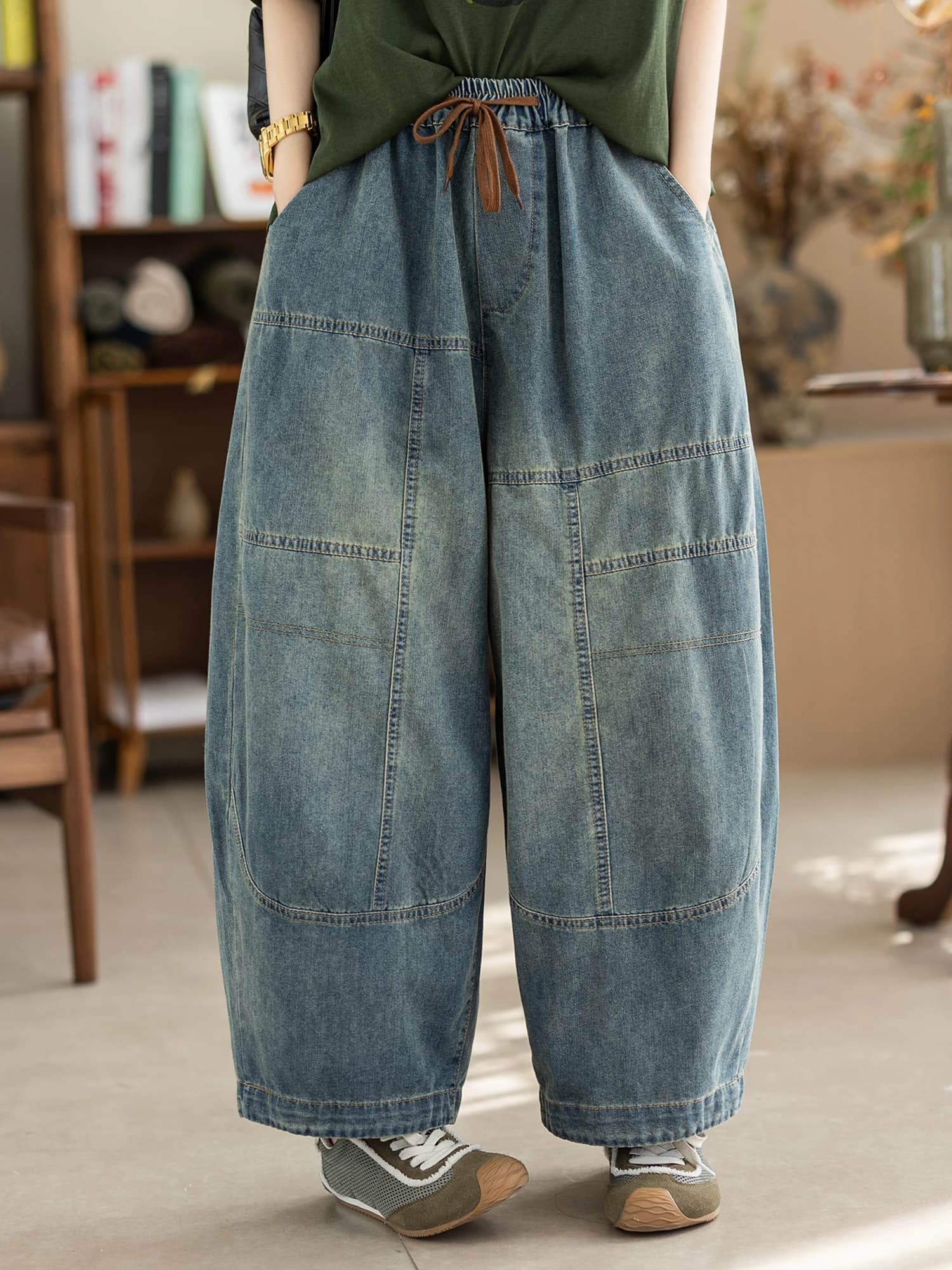 Jeans Casual da Donna Camiyu, Modello Vintage in Denim Blu con Patchwork, Vita Elastica, Gamba Larga, Stile Harlan, Vita Media-Alta, Taglio Dritto