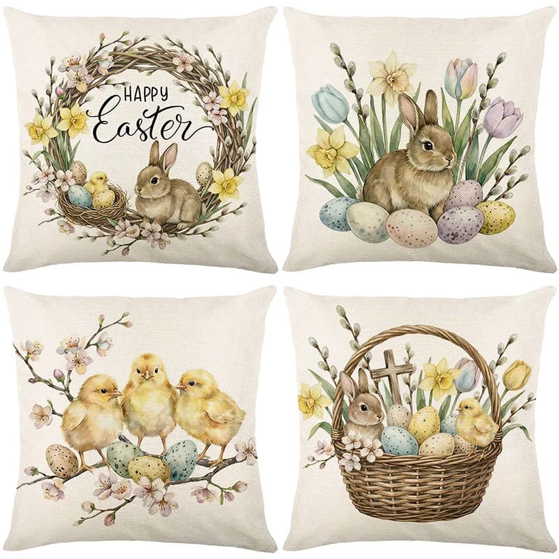 Set di 4 fodere per cuscini con motivo floreale e coniglietto, 45 x 45 cm, fodere decorative per cuscini a forma di coniglio primaverile per divano, casa, decorazioni pasquali