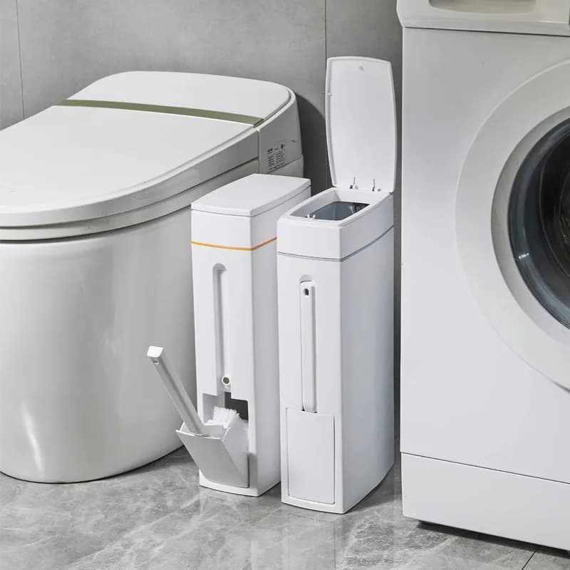 Cestino per rifiuti da bagno Double Art con scopino per WC, design a fessura stretta, interruttore a pressione, creativo e semplice, per uso domestico