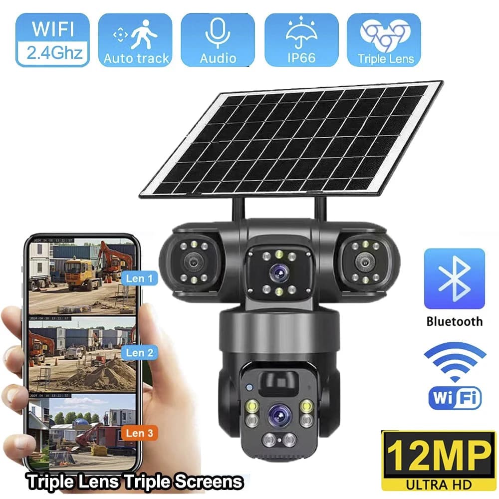 Telecamera Solare 4G con Tre Obiettivi e Tre Schermi, Monitoraggio Panoramico a 360 Gradi, Visione Notturna HD, Telecamera di Sicurezza Wireless WiFi per Esterni