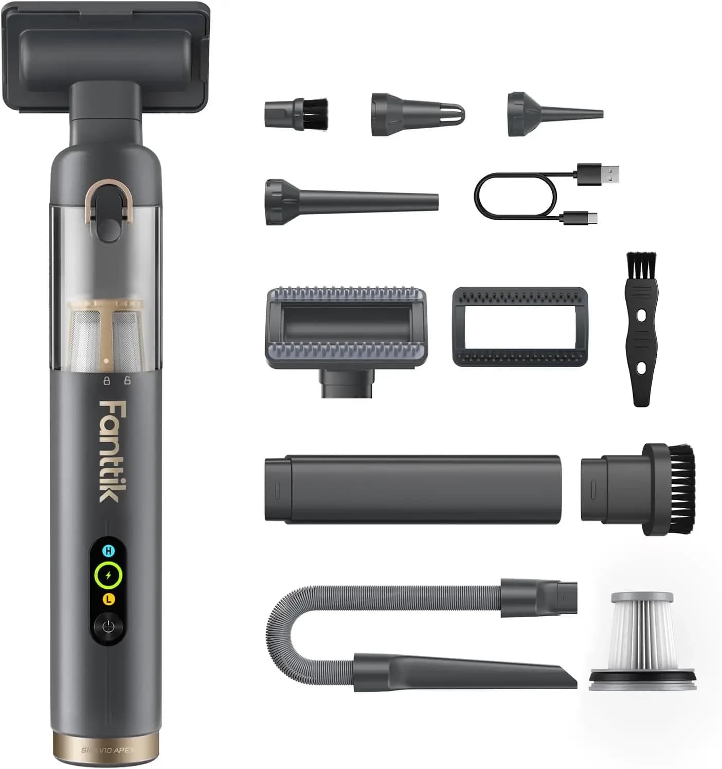 Aspirapolvere per Auto Senza Fili Slim V10 APEX, Mini Aspiratore Portatile 4-in-1, Potenza di Aspirazione 19kPa, Display Digitale Intelligente Aggiornato, 2 Succhietti