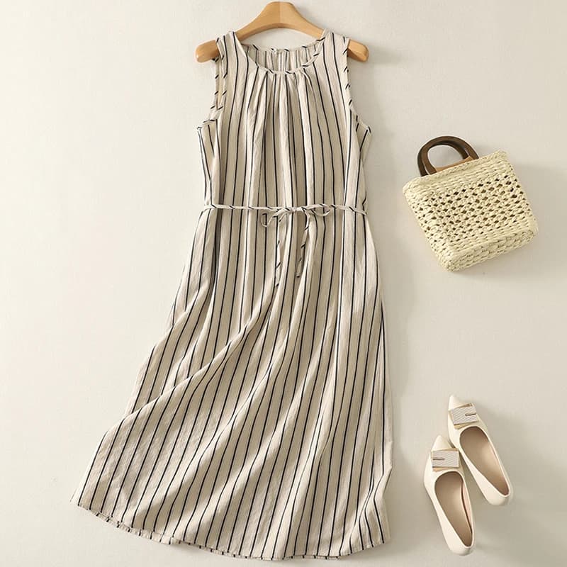 Women Summer Boho Style Striped Print Sleeveless Cotton Linen Dress Pleated O-neck Straight Beige Midi Long Dress Pocket Belt