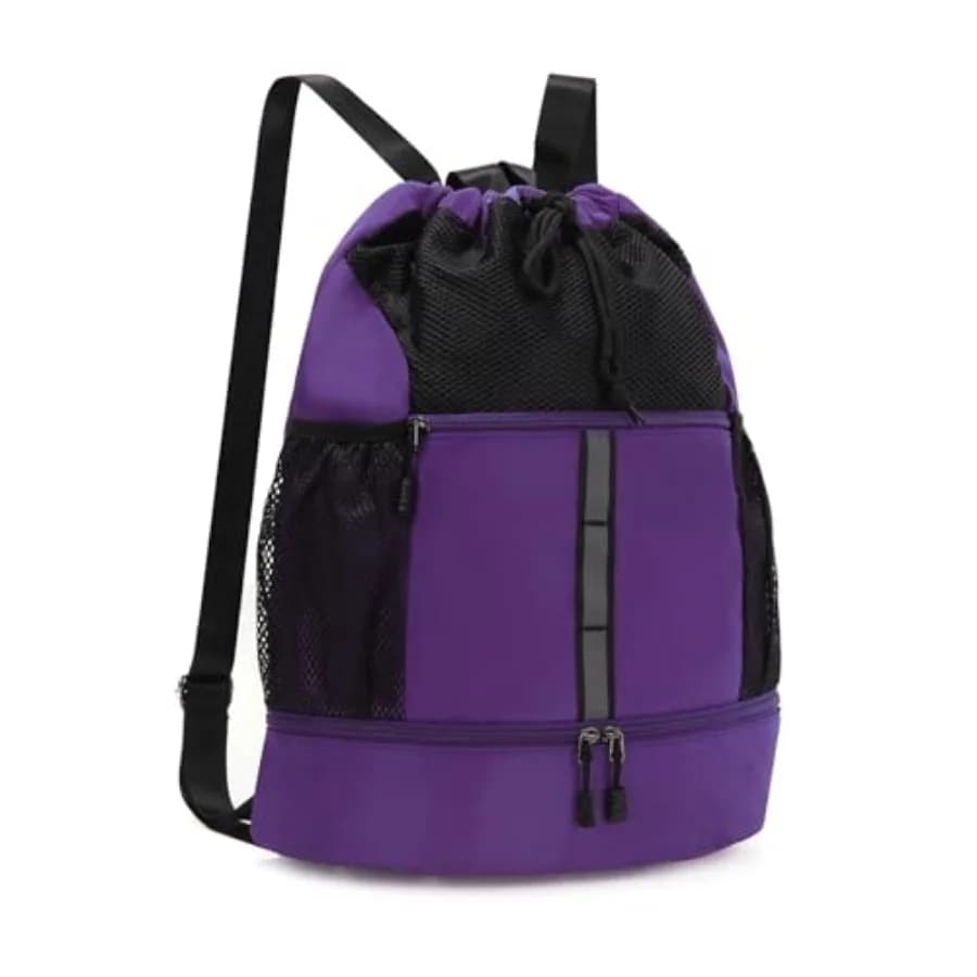 Drawstring Gym Bag Sports Backpack With Shoe Compartment and Reflective Strips Purple