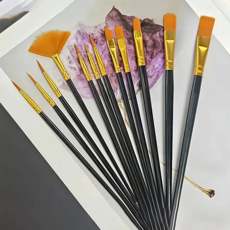 12pcs Nylon Bristle Brush Set, Nylon Flat Brushes Watercolor Brushes Oil Paint Brushes For Artists Amateur Acrylic Painting