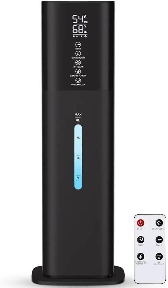 Umidificatore a nebbia fredda ad ultrasuoni da 8 litri con luce a 7 colori, 360 ° Diffusore, Timer e Scatola Aromatica per Ambienti Grandi