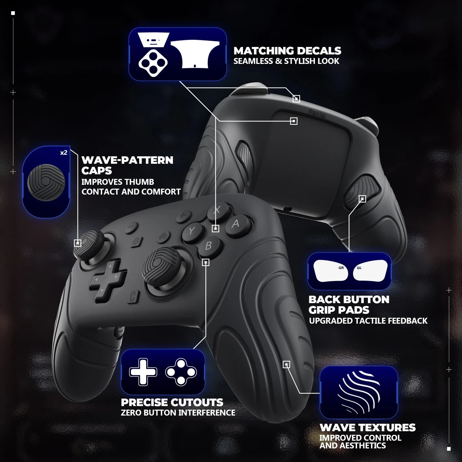 PlayVital Samurai Cover in silicone per controller Switch 2 Pro – Pelle protettiva con cappucci per pulsanti posteriori, impugnature per pollice e adesivi
