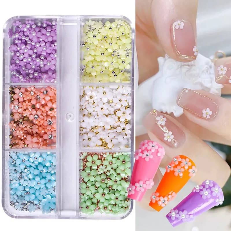 Accessori per Unghie 3D in Resina, 6 Griglie, Fiori a Cinque Petali, Decorazioni per Nail Art, Piccole Palline/Cristalli Misti SZZS02
