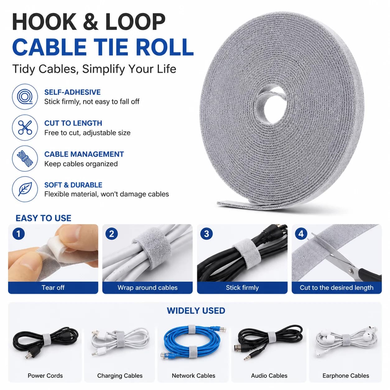 Hook Loop Cable Tie Data Cable Plug Board Power Strip Extension Cord Cable Organizer, Simple and Portable Desktop Office PC TV D