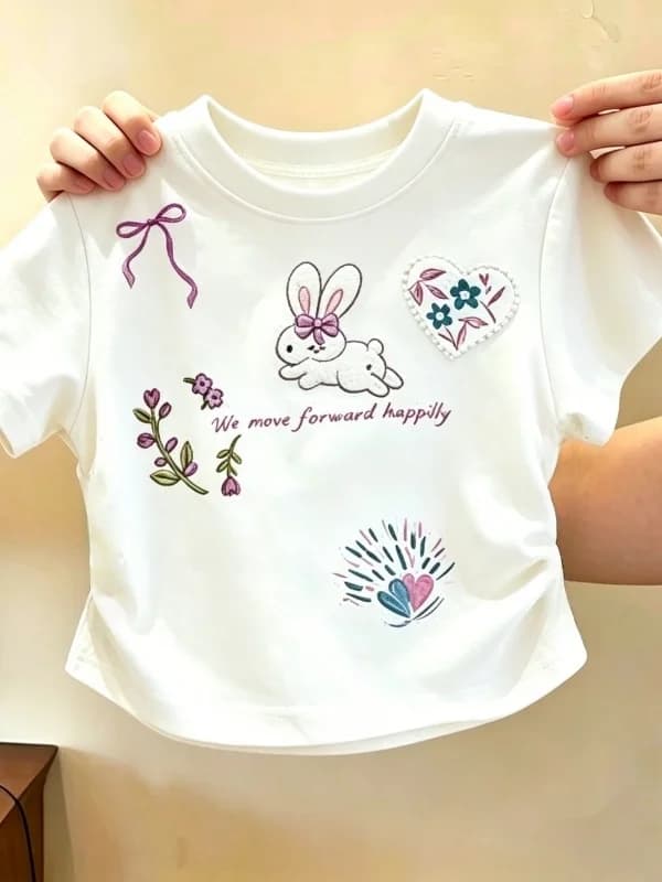 T-shirt casual a maniche corte per bambine, estiva, sottile, con stampa cartoon, in cotone, abbigliamento per bambini alla moda