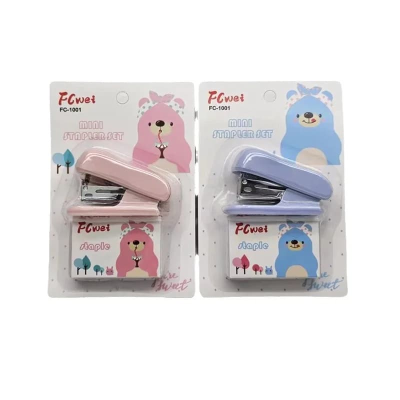 Mini cucitrice con levapunti e set di graffette con simpatico cartone animato per cani rosa blu