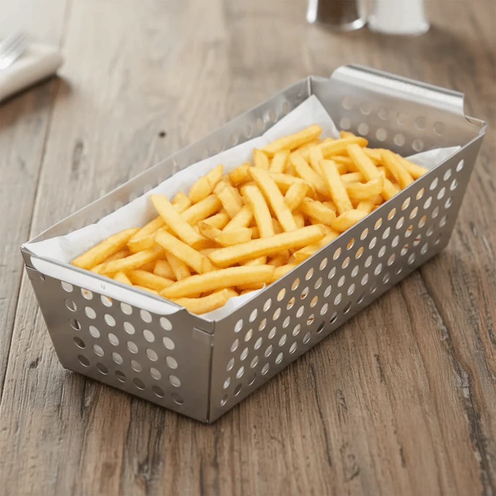 Stainless Steel Vegetable Grid Basket with Draining Holes, Double Handle, Reusable BBQ Tray, Rectangular Plate for Frying and Containing Food