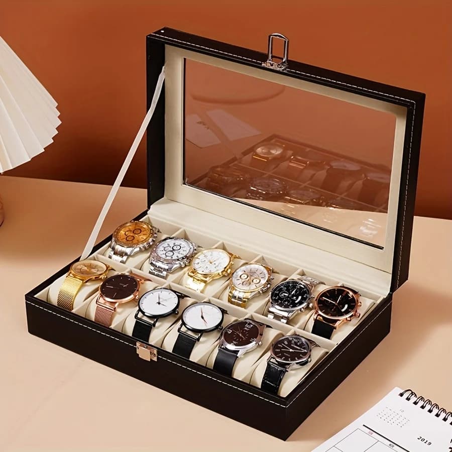 Organizer per orologi da 1 pezzo: vetrina a 12 slot con serratura e cuscini rimovibili | Portaoggetti in pelle sintetica per uomo/regali/viaggio