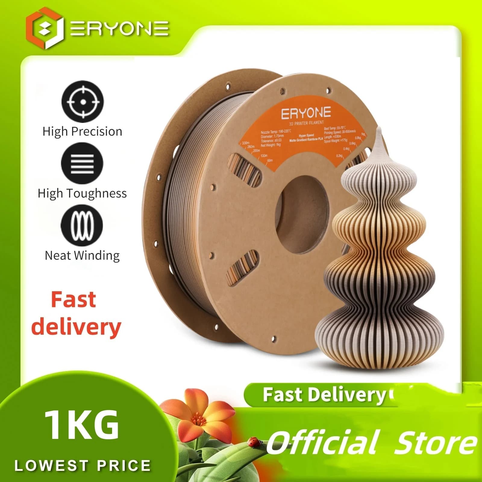 ERYONE PLA 3D printing with premium high-speed matte rainbow filament, maximum print speed 1.75 mm: 500 mm/s, multicolor, 1 kg/bobine