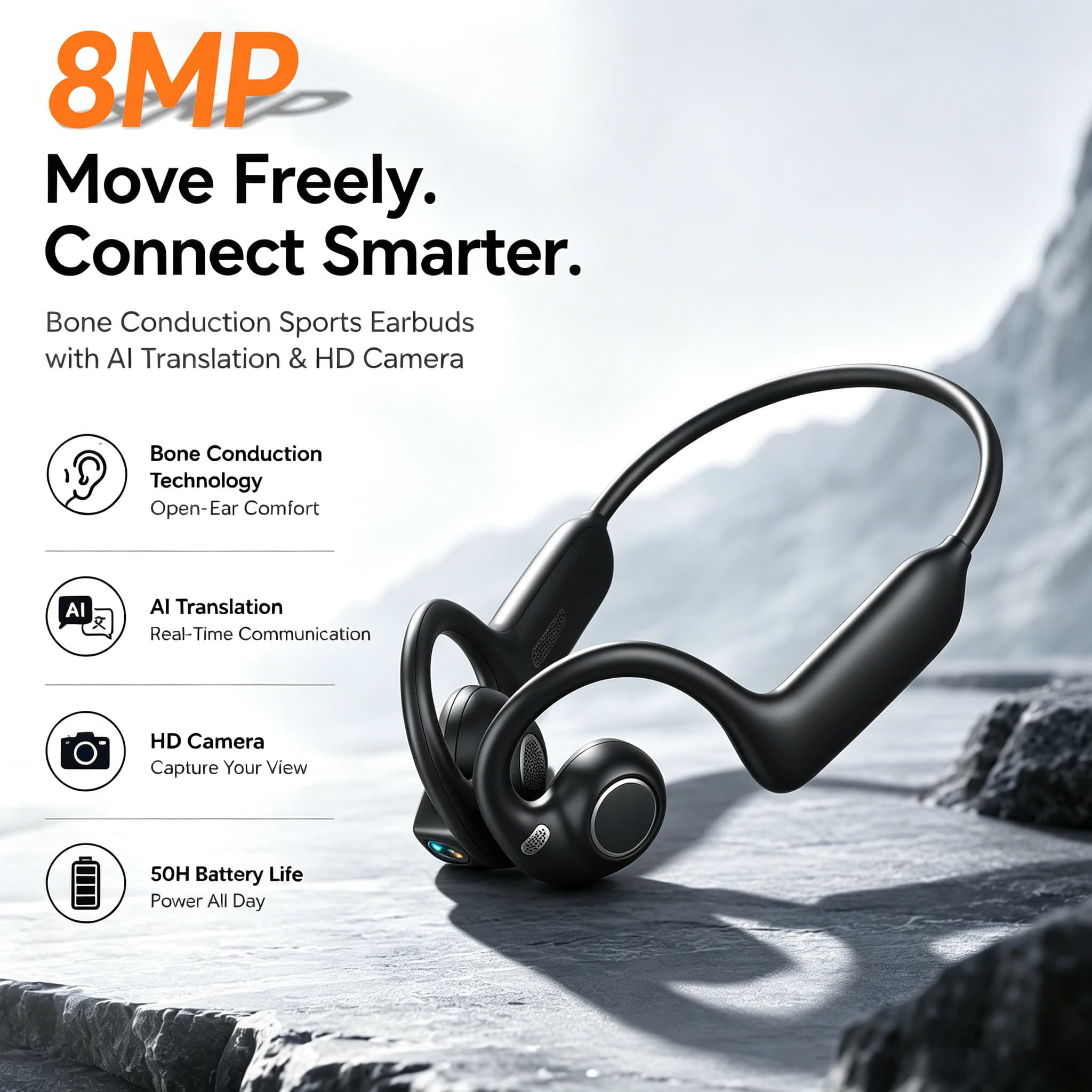 Bone Conduction Bluetooth Earphones 8MP HD Camera Wireless Earbuds AI Assistant Translation Object Recognition Headphones E12