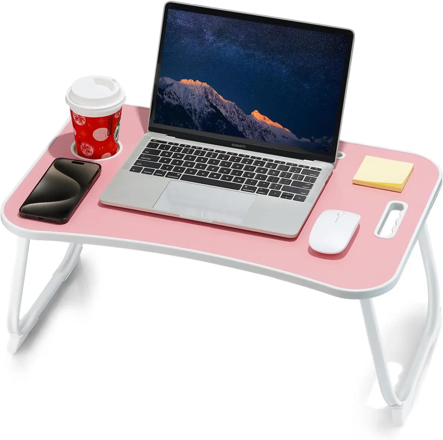 Tavolino Pieghevole da Letto per Laptop con Portabicchieri e Slot per Tablet, Tavolo Portatile per Lavoro, Scrittura, Disegno, Pasti - Rosa